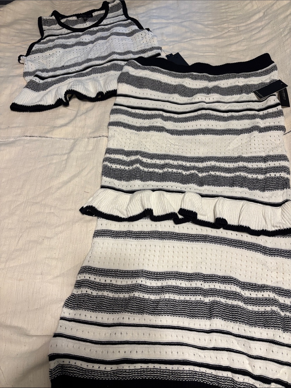 Eloquii Striped White and Black Crochet Knit Ruffle Midi Skirt and Matching Top